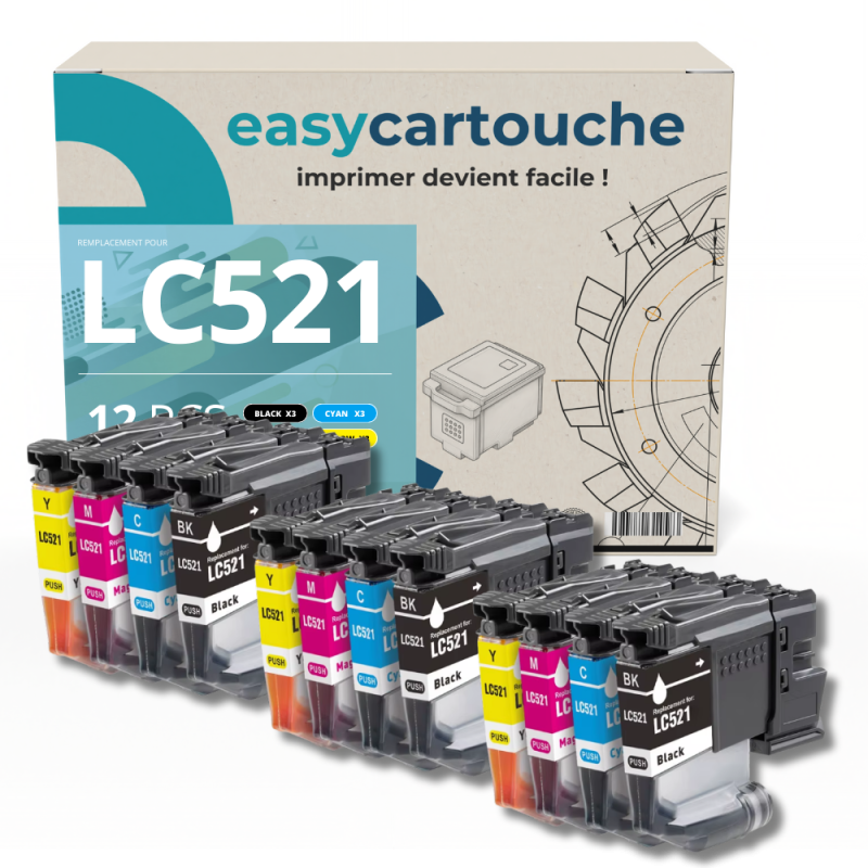Pack compatible Brother LC521, 12 cartouches (remplace LC-521)