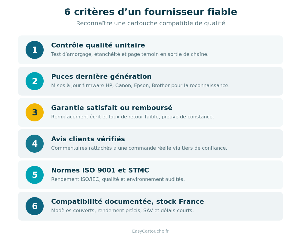 Les 6 critères d’un fournisseur de cartouches compatibles fiable : contrôle qualité, puces, garantie, avis vérifiés, normes ISO, stock France