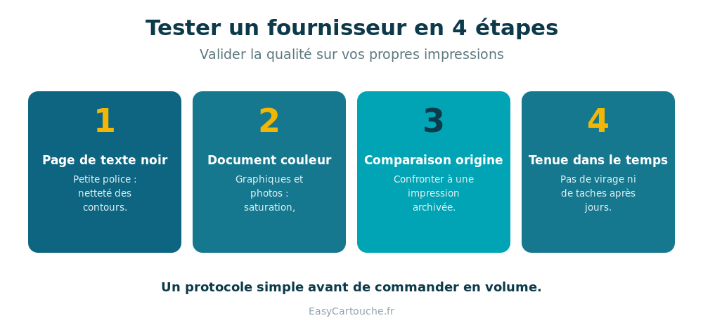 Tester la qualité d’une cartouche compatible en 4 étapes : page texte, document couleur, comparaison, tenue dans le temps